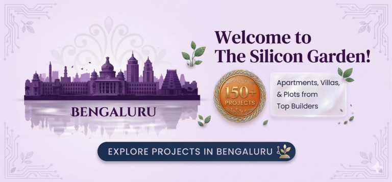 Bengaluru real estate promotional banner featuring the city skyline, highlighting over 150 projects including apartments, villas, and plots from top builders.