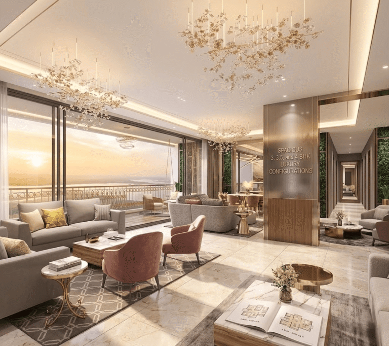 Elegant interior render showcasing the expansive modern living spaces prevalent across the diverse 3 BHK, 3.5 BHK, and 4 BHK luxury apartment configurations at Lodha Azur Bengaluru.