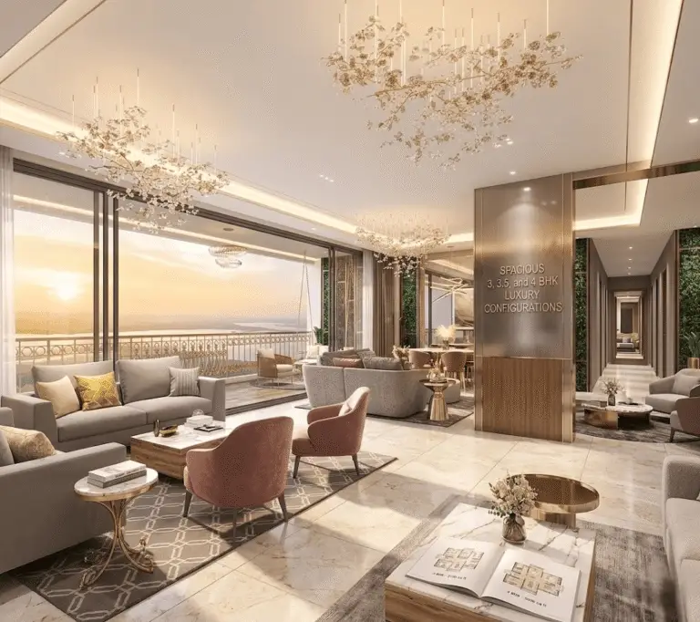 Elegant interior render showcasing the expansive modern living spaces prevalent across the diverse 3 BHK, 3.5 BHK, and 4 BHK luxury apartment configurations at Lodha Azur Bengaluru.