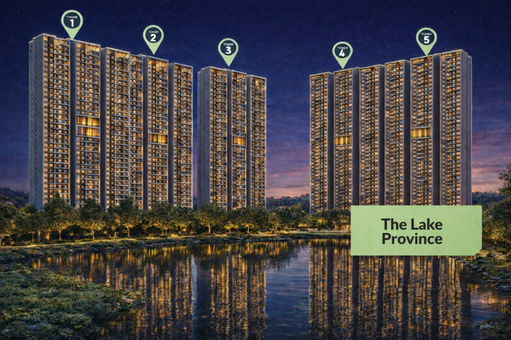 Exterior architectural rendering of Towers 1 through 5 at The Lake Province within Mana Skanda The Right Life, a premium lakeside child-centric township on Sarjapur Road, Bengaluru.