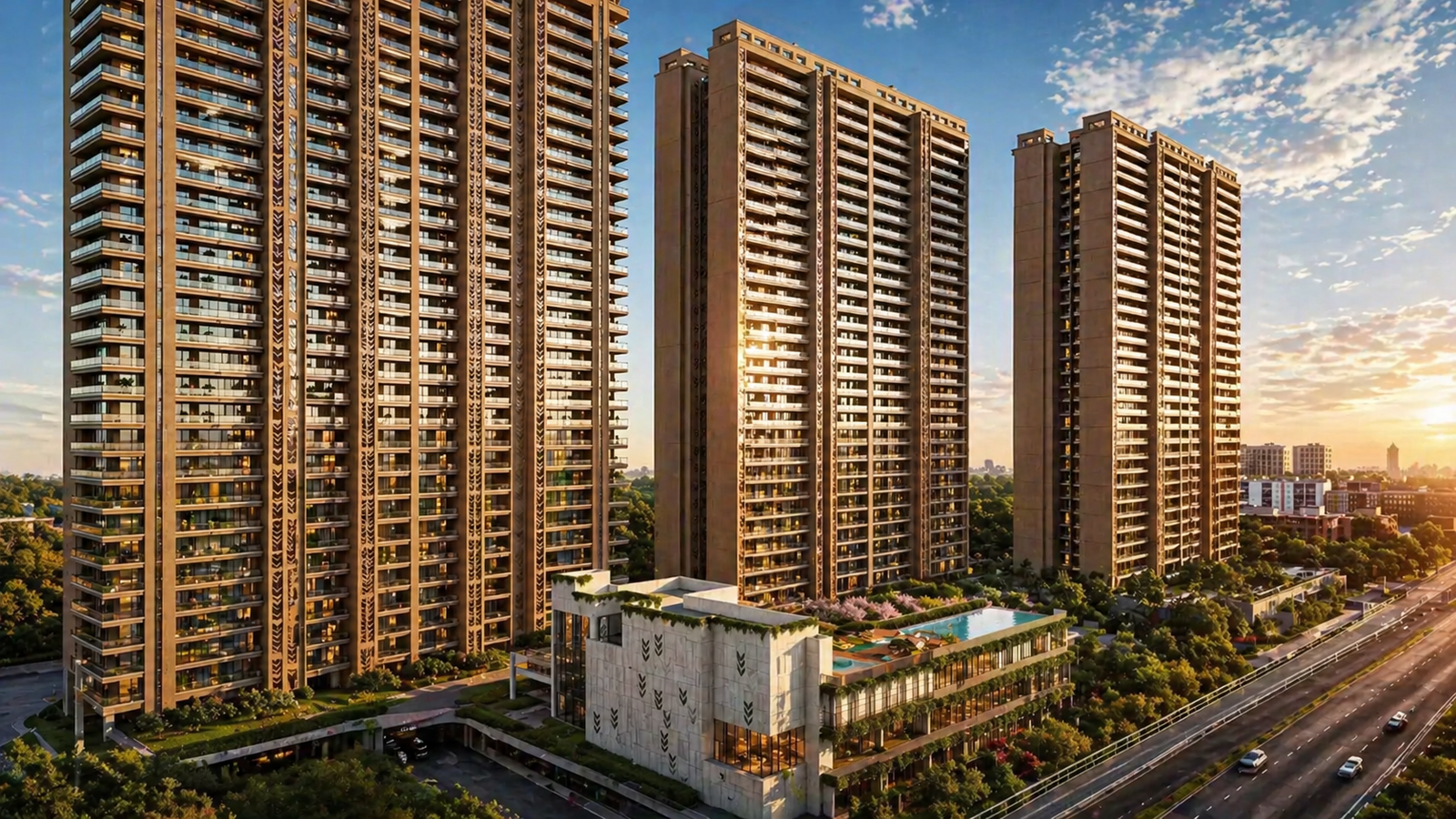Exterior elevation view of the high-rise luxury apartment towers at the upcoming Godrej Bannerghatta Road project in South Bangalore, showcasing modern architecture and podium amenities.