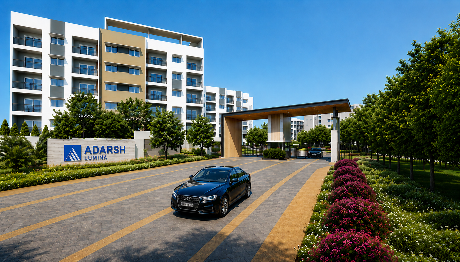 Main entrance of Adarsh Lumina Sarjapur Road Bangalore featuring landscaped boulevard, gated entry, low-rise residential towers, and premium community infrastructure.