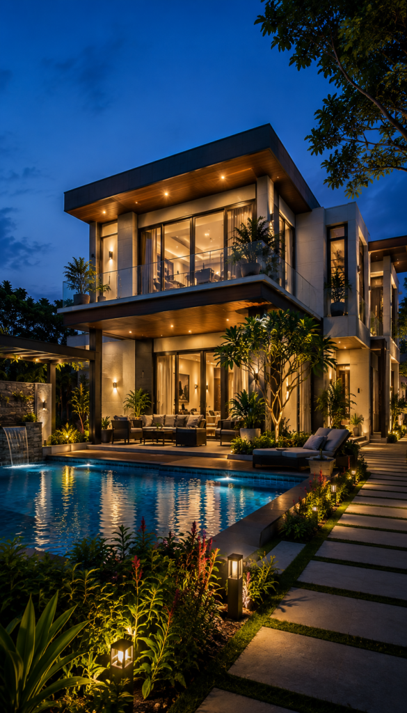Modern luxury villa in Bangalore with premium architecture, warm lighting, private pool, and elegant outdoor living space