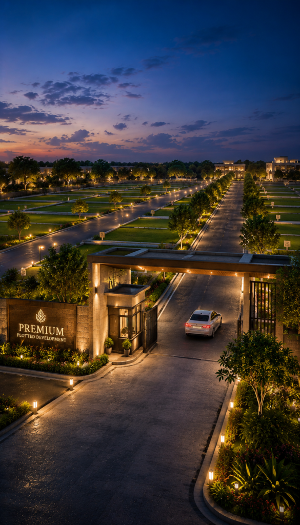 Luxury plotted development in Bangalore with landscaped roads, gated entrance, premium infrastructure, and modern community layout at dusk