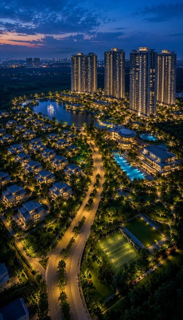 Luxury integrated township in Bangalore with premium towers, villas, landscaped roads, lakes, and modern amenities at dusk