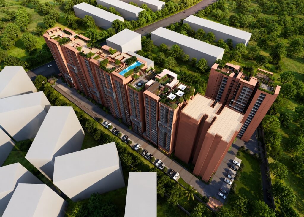 Aerial view of Soul Spring HSR Layout Bangalore featuring luxury apartment towers, rooftop amenities, and landscaped surroundings