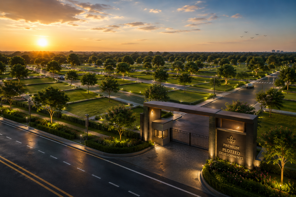 Premium plotted development in Bangalore with landscaped roads, gated entrance and RERA approved residential plots.